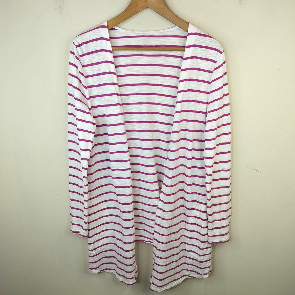 Chico's Ultimate Tee Cardigan 1 / Medium Striped Open Front Casual White Pink